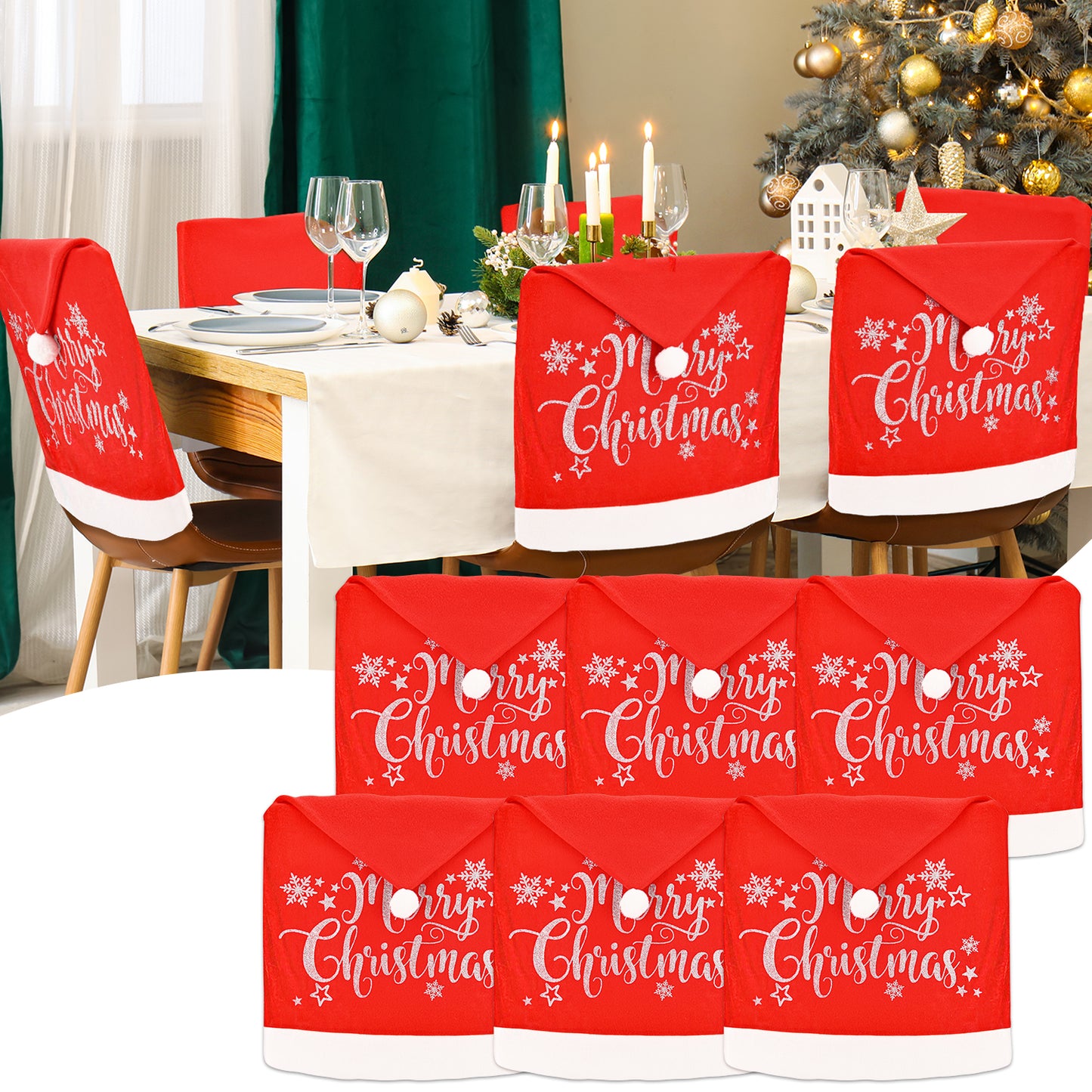 6Pcs Christmas Chair Covers Santa Hat, Silver Glitter Print