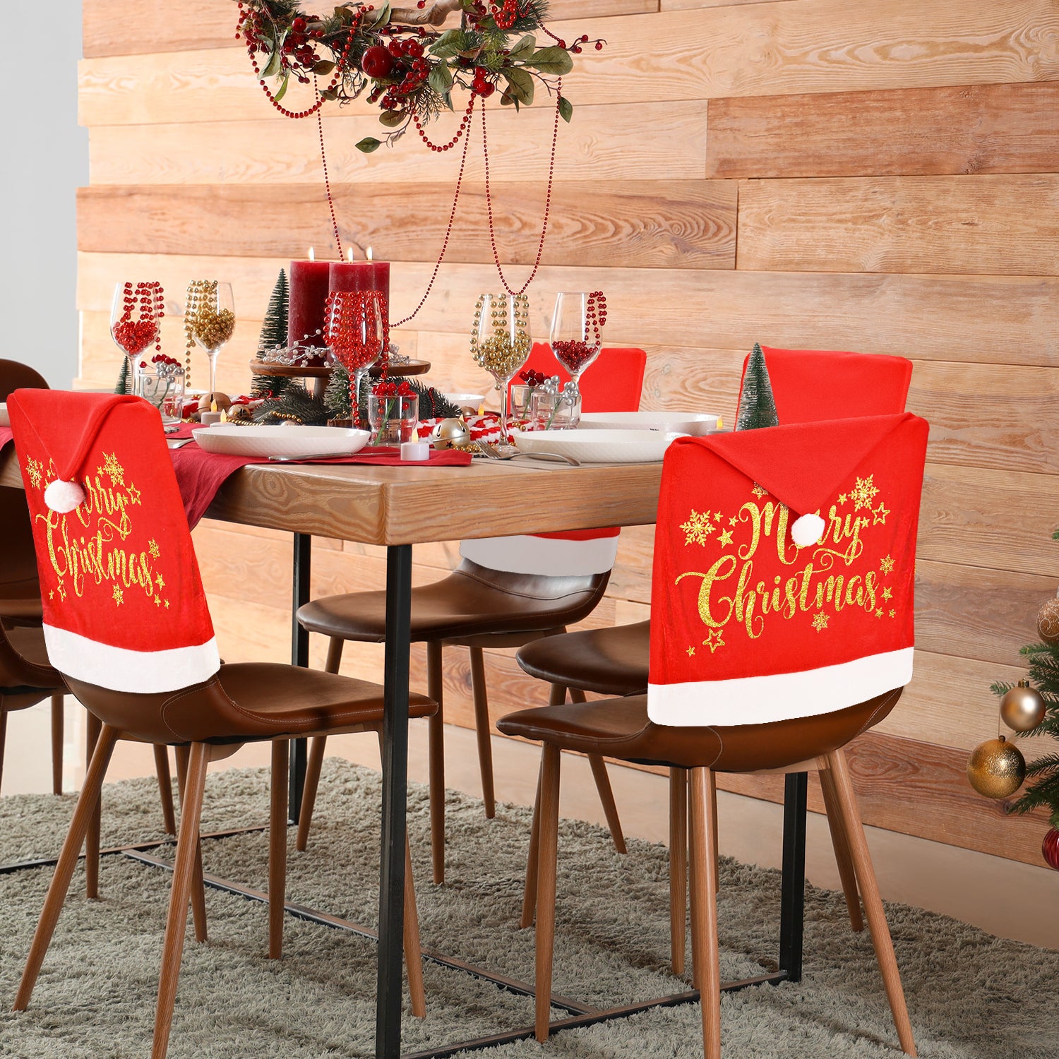 4Pcs Christmas Chair Covers Santa Hat Golden Glitter Print Creiyuan