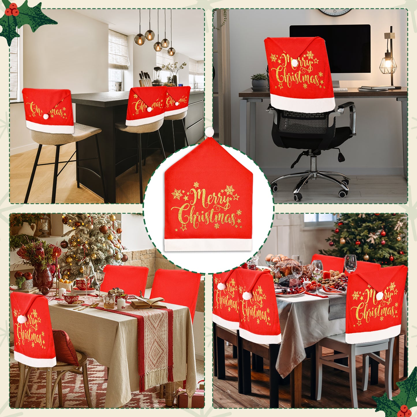 4Pcs Christmas Chair Covers Santa Hat, Golden Glitter Print